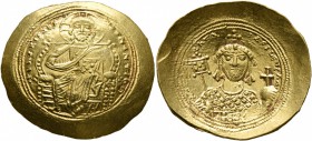 Constantine IX Monomachus, 1042-1055. Histamenon (Gold, 27 mm, 4.39 g, 6 h), Constantinopolis. +IhS XIS RЄX RЄGNANTInm Christ enthroned facing, wearin...
