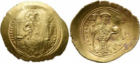 Constantine X Ducas, 1059-1067. Histamenon (Gold, 26 mm, 4.39 g, 6 h), Constantinopolis. +IhS IXS RЄX RЄGNANThIm Christ, nimbate, seated facing on str...