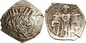Andronicus II Palaeologus, with Michael IX, 1282-1328. Hyperpyron (Electrum, 25 mm, 2.83 g, 1 h), Thessalonica. MP - ΘV Half-length figure of the Virg...