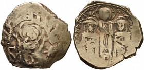 Andronicus II Palaeologus, with Michael IX, 1282-1328. Hyperpyron (Electrum, 22 mm, 4.27 g, 6 h), Thessalonica. MP - ΘV Half-length figure of the Virg...