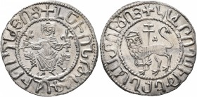 ARMENIA, Cilician Armenia. Royal. Levon I , 1198-1219. Double Tram (Silver, 28 mm, 5.48 g, 10 h). Levon seated facing on throne decorated with lions, ...