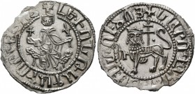 ARMENIA, Cilician Armenia. Royal. Levon I , 1198-1219. Tram (Silver, 23 mm, 2.57 g, 8 h). Levon seated facing on throne decorated with lions, holding ...