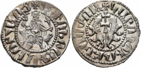 ARMENIA, Cilician Armenia. Royal. Levon I , 1198-1219. Tram (Silver, 21 mm, 3.05 g, 2 h). Levon seated facing on throne decorated with lions, holding ...