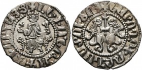 ARMENIA, Cilician Armenia. Royal. Levon I , 1198-1219. Tram (Silver, 21 mm, 2.99 g, 4 h). Levon seated facing on throne decorated with lions, holding ...