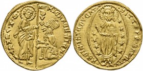 ITALY. Venezia (Venice). Michele Steno , 1400-1413. Ducat (Gold, 22 mm, 3.56 g, 1 h). St. Mark standing right, presenting banner to Doge kneeling left...