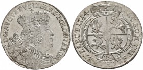 POLAND, Monarchs. August III Sas (the Saxon) , 1734-1763. 18 Groszy (Silver, 28 mm, 5.13 g, 1 h), Leipzig, dated 1754. Crowned, draped and cuirassed b...
