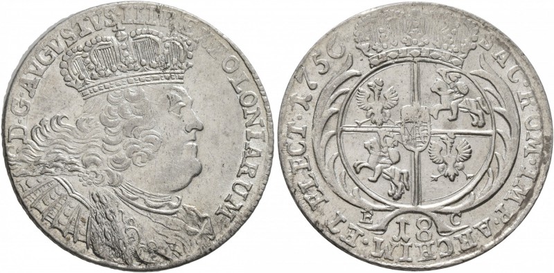 POLAND, Monarchs. August III Sas (the Saxon) , 1734-1763. 18 Groszy (Silver, 27 ...