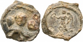 SEALS, Roman. Seal (Lead, 18 mm, 7.43 g), circa 379-395 AD. Diademed and draped facing busts of Honorius, Theodosius, and Arcadius respectively. Rev. ...