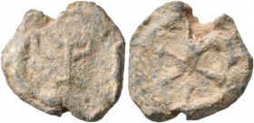 SEALS, Byzantine. Seal (Lead, 16 mm, 3.78 g, 1 h), circa 5th-7th century. Menorah of seven branches. Rev. Star (?) of six rays. Very rare and interest...