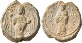 SEALS, Byzantine. Seal (Lead, 16 mm, 5.25 g, 12 h), circa 10th-11th century. The Archangel Michael standing front, holding lotus-tipped sceptre and gl...