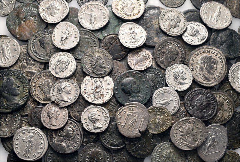 A lot containing 28 silver and 74 Roman Imperial bronze coins. Fine to good very...