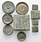 A lot containing 10 Byzantine bronze weights. Includes pieces with silver inlays. Fine to very fine. LOT SOLD AS IS, NO RETURNS. 10 weights in lot.