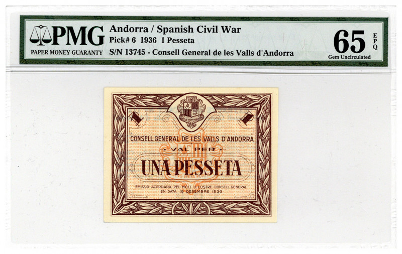 ANDORRA, Consell General de les Valls d'Andorra, 1 Pesseta 19.12.1936. PMG 65, E...