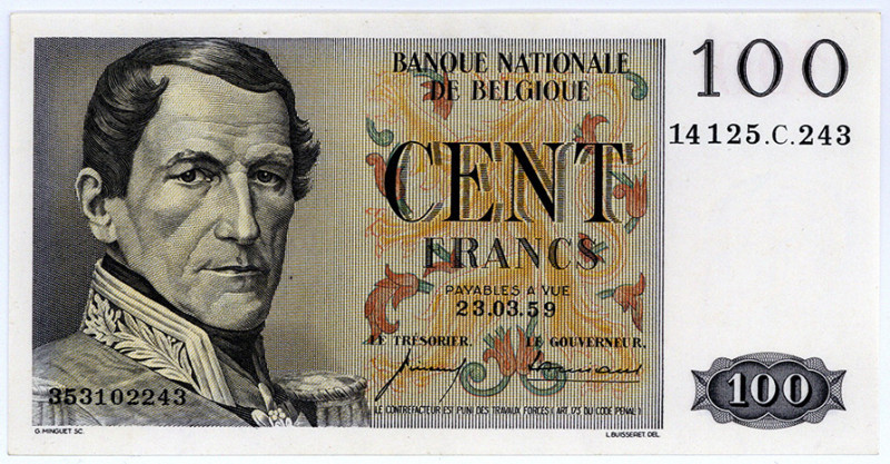 BELGIEN, Banque Nationale de Belgique, 100 Francs 23.03.1959. (Date unlisted in ...