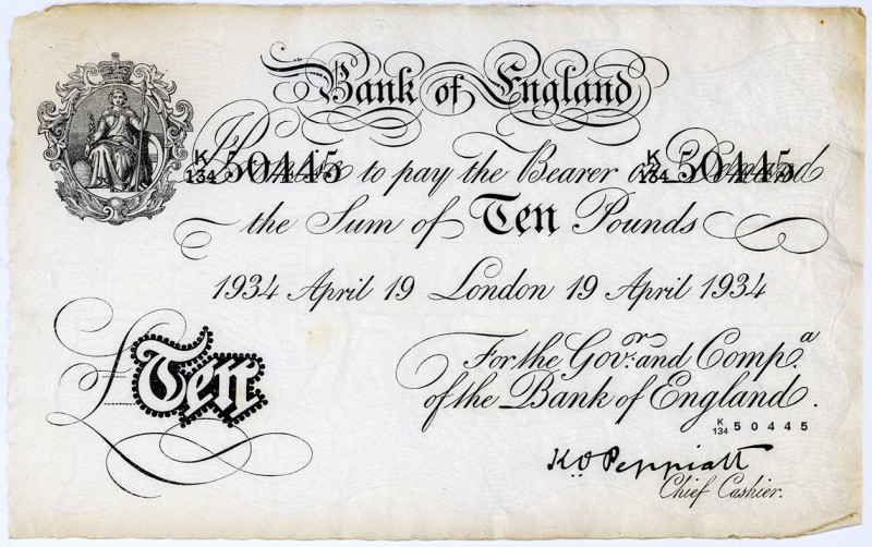 GROSSBRITANNIEN, Bank of England, 10 Pounds 19.04.1934, London. Deutsche Fälschu...