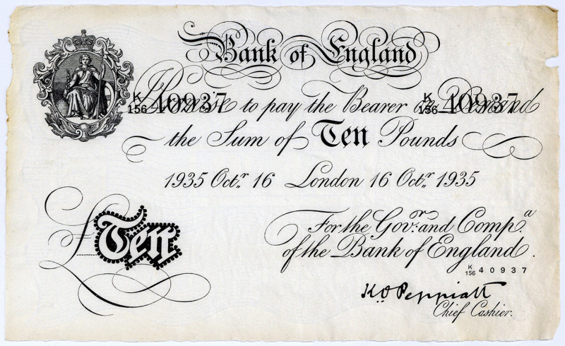 GROSSBRITANNIEN, Bank of England, 10 Pounds 16.10.1935, London. Deutsche Fälschu...
