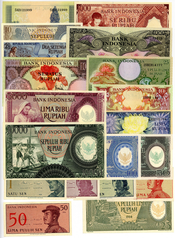 INDONESIEN, Lot von 19 Scheinen, 5 Rupiah 1957, 1000, 5000 Rupiah 1958, 5, 10, 2...