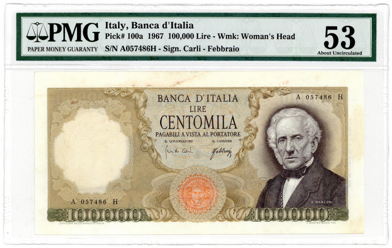ITALIEN, Banca d'Italia, 100.000 Lire 27.06.1967.
Stains, Staple Holes, PMG 53...