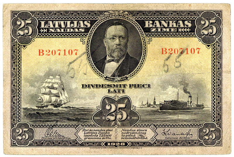 LETTLAND, Latvijas Bankas, 25 Latu 1928, kl. Grafitti, sonst Erh.III.
III-
Pic...