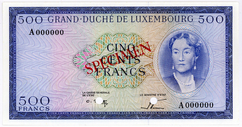 LUXEMBURG, Grand-Duché de Luxembourg, 500 Francs N.D.(1963) Specimen.
I
Pick 5...