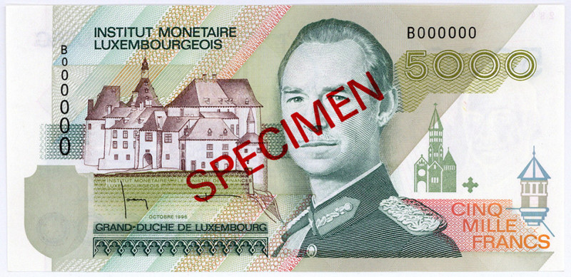 LUXEMBURG, Institut Monetaire Luxembourgeois, 5000 Francs 10.1996, Specimen.
I...