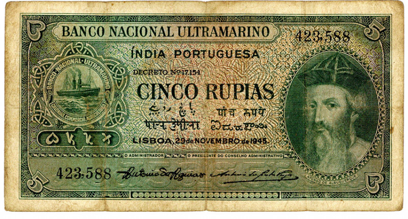 PORTUGIESISCH INDIEN, Banco Nacional Ultramarino, 5 Rupias 29.11.1945.
IV
Pick...
