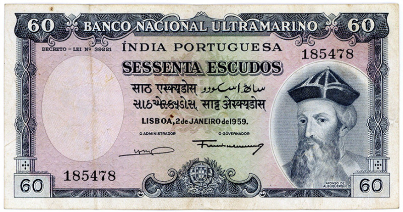 PORTUGIESISCH INDIEN, Banco Nacional Ultramarino, 60 Escudos 02.01.1959.
III
P...