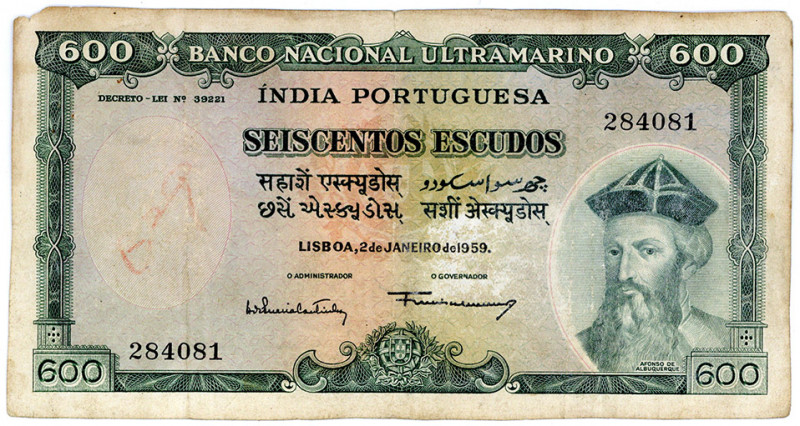 PORTUGIESISCH INDIEN, Banco Nacional Ultramarino, 600 Escudos 02.01.1959.
III-...