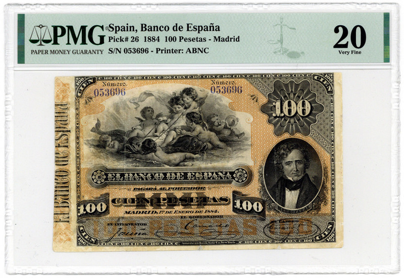 SPANIEN, Banco de España, 100 Pesetas 01.01.1884, Madrid.
Repaired, PMG 20
Pic...