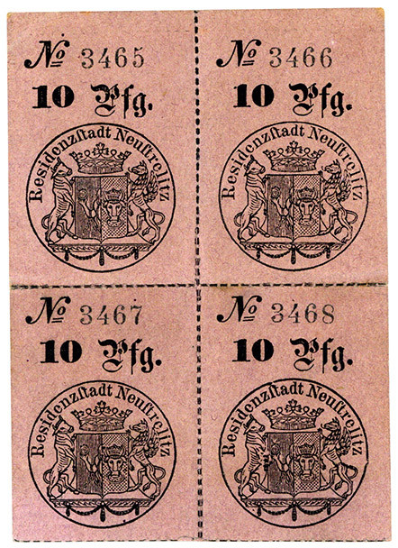 NEUSTRELITZ, Hochzeitsgroschen o.D., 4er Block, KN 3,5mm.
I-