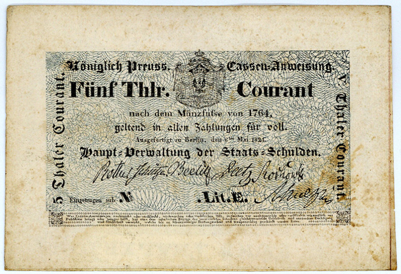 PREUSSEN, Hauptverwaltung der Staatsschulden, 5 Thaler 06.05.1824, Cassen-Anweis...
