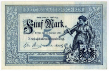DEUTSCHES REICH BIS 1945, Reichsbanknoten und Reichskassenscheine, 5 Mark 10.01.1882, KN 6-stellig rot, Serie T.
I
Ros.6; Grab.DEU-48