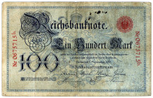 DEUTSCHES REICH BIS 1945, Reichsbanknoten und Reichskassenscheine, 100 Mark 09.09.1883, KN 7-stellig rot, Serie B. Blauer Hunderter.
V
Ros.9; Grab.D...