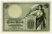 DEUTSCHES REICH BIS 1945, Reichsbanknoten und Reichskassenscheine, 10 Mark 06.10.1906, Reichskassenschein, Serie U, KN 7-stellig.
I-II
Ros.27b; Grab...