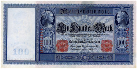 DEUTSCHES REICH BIS 1945, Reichsbanknoten und Reichskassenscheine, 100 Mark 07.02.1908, Serie D. Langer Hunderter/Flotten-Hunderter.
II
Ros.35; Grab...