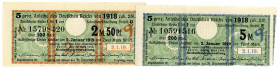 DEUTSCHES REICH BIS 1945, Vorübergehende Notausgaben, 1918/1919, 2,50 und 5 Mark 1918 Zinskupon der Anleihe.
II/I-
Ros.61a,b; Grab.DEU-66a,b