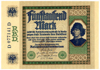 DEUTSCHES REICH BIS 1945, Geldscheine der Inflation, 1919-1924, 5000 Mark 16.09.1922, Serie D.
I
Ros.76; Grab.DEU-87