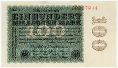 DEUTSCHES REICH BIS 1945, Geldscheine der Inflation, 1919-1924, 100 Millionen Mark 22.08.1923, Firmendruck, Wz.Hakensterne, KN 8-stellig, FZ.CD.
selt...