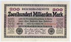 DEUTSCHES REICH BIS 1945, Geldscheine der Inflation, 1919-1924, 200 Milliarden Mark 15.10.1923, Wz.Ringe, KN 7-stellig rot mit zwei Kommastellen, FZ.A...
