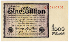 DEUTSCHES REICH BIS 1945, Geldscheine der Inflation, 1919-1924, 1 Billionen Mark 01.11.1923, Reichsdruck, KN 8-stellig, Serie G.
II
Ros.131a; Grab.D...