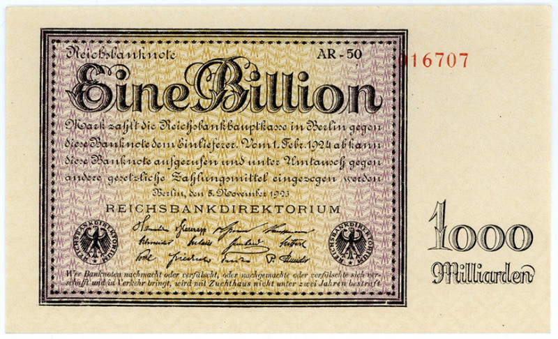 DEUTSCHES REICH BIS 1945, Geldscheine der Inflation, 1919-1924, 1 Billion Mark 0...