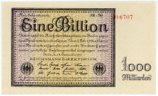 DEUTSCHES REICH BIS 1945, Geldscheine der Inflation, 1919-1924, 1 Billion Mark 05.11.1923, Firmendruck, KN 6-stellig, Serie AR.
I/I-
Ros.131d; Grab....