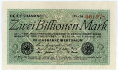 DEUTSCHES REICH BIS 1945, Geldscheine der Inflation, 1919-1924, 2 Billionen Mark 05.11.1923, KN 6-stellig, FZ.DV.
I-
Ros.132a; Grab.DEU-163e