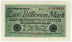 DEUTSCHES REICH BIS 1945, Geldscheine der Inflation, 1919-1924, 2 Billionen Mark 02.11.1923, KN 6-stellig, Wz.Hakensterne, FZ.SS.
I
Ros.132e; Grab.D...