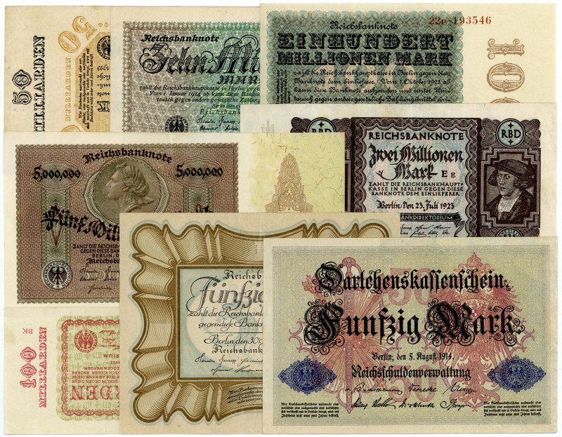 DEUTSCHES REICH BIS 1945, Geldscheine der Inflation, 1919-1924, Lot mit 8 Schein...