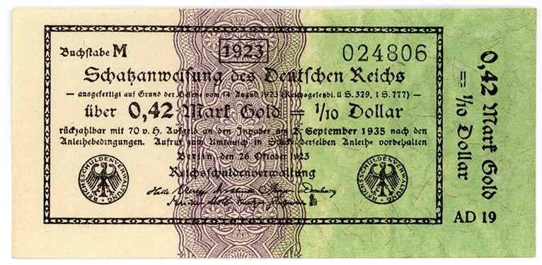 DEUTSCHES REICH BIS 1945, Wertbeständiges Notgeld, 1923, 0,42 Mark Gold =1/10 Do...