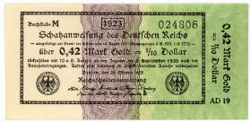 DEUTSCHES REICH BIS 1945, Wertbeständiges Notgeld, 1923, 0,42 Mark Gold =1/10 Dollar 26.10.1923, KN 6-stellig, FZ.AD.
I
Ros.142a; Grab.WBN-12a