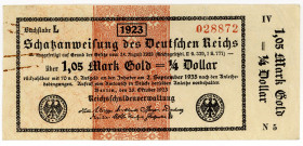 DEUTSCHES REICH BIS 1945, Wertbeständiges Notgeld, 1923, 1,05 Mark Gold =1/4 Dollar 26.10.1923, Wz.Wertzahl 5 im Ornament. Zwei Klammerspuren r, sonst...
