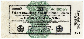 DEUTSCHES REICH BIS 1945, Wertbeständiges Notgeld, 1923, 2,10 Mark Gold =1/2 Dollar 26.10.1923, Udr.-Bst."Q", KN 6-stellig, FZ.AV.
I-II
Ros.144e; Gr...