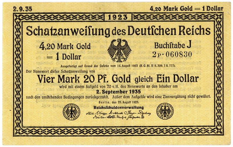 DEUTSCHES REICH BIS 1945, Wertbeständiges Notgeld, 1923, 4,20 Mark Gold =1 Dolla...
